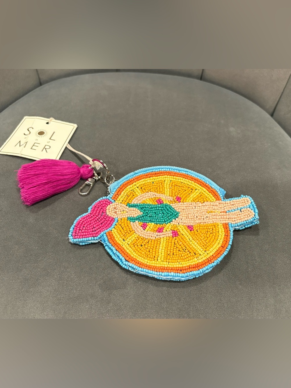 Hand Beaded Citrus Swimmer Keychain Coin Purse with Tassel and Key Latch.